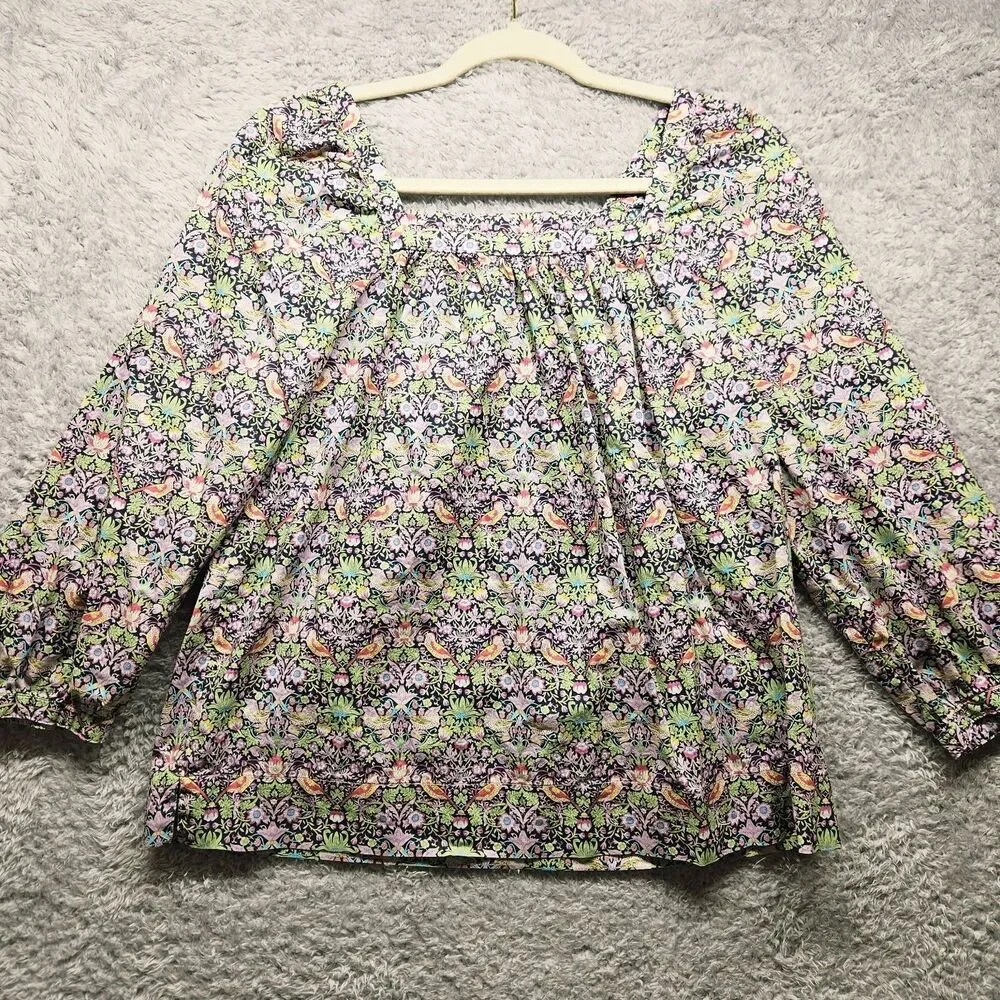 Liberty Art Fabrics J Crew Colorful Bird Blouse Wide Sleeve Womens Size 2 Spring